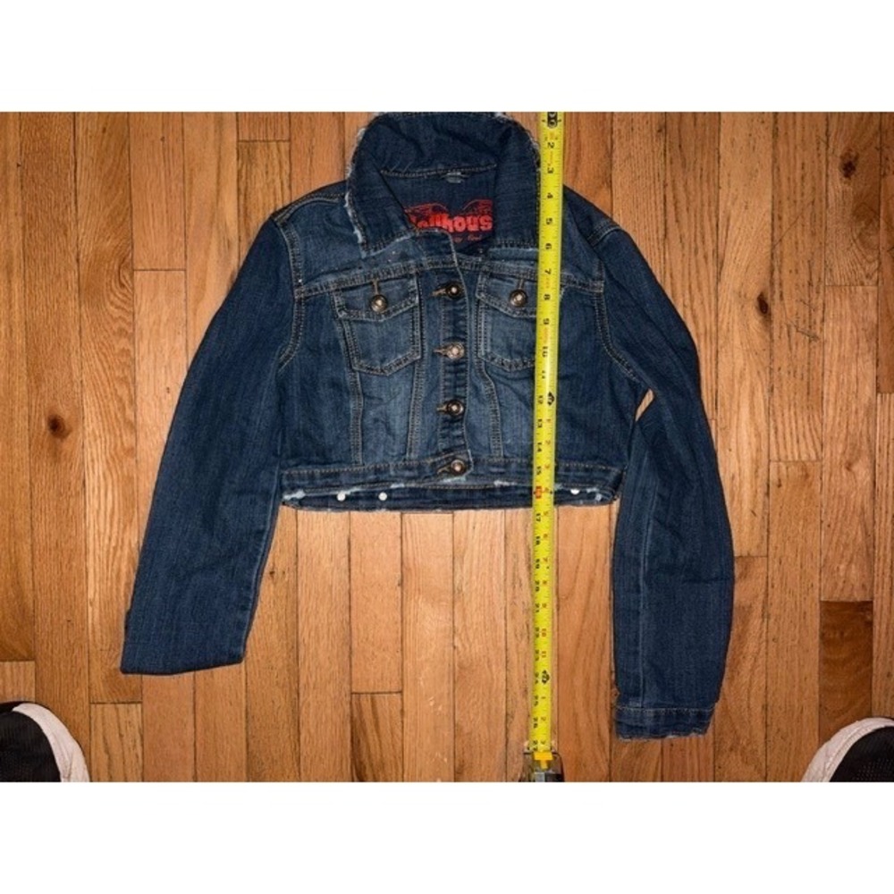 Dollhouse Women Medium Cropped Denim Jacket Dark Wash‎ Distressed T57-21